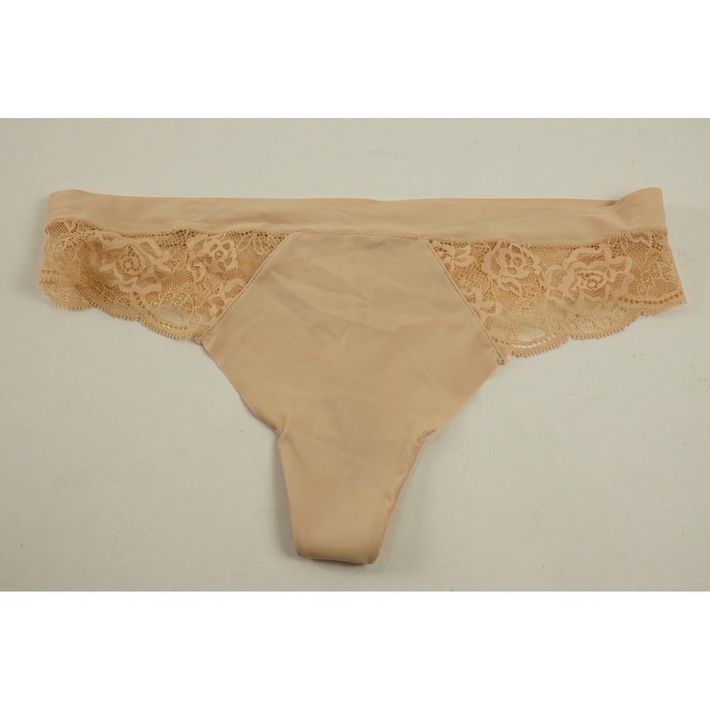 New blake & co. Women's Size M Tan Jersey Nylon Floral Lace Trim Thong Panties